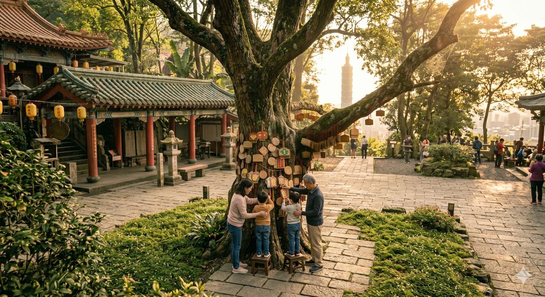 廟前老樹下，一家人圍著樹幹寫下祈福木牌