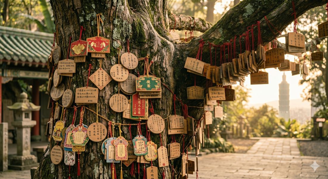 老樹樹幹掛滿祈福木牌，遠景為台北 101
